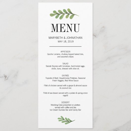 Waterverf Greenery Leaves Wedding Menu Card (Voorkant)