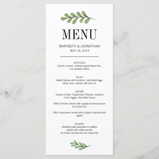 Waterverf Greenery Leaves Wedding Menu Card (Voorkant)
