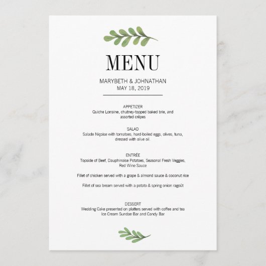 Waterverf Greenery Leaves Wedding Menu Card (Voorkant)
