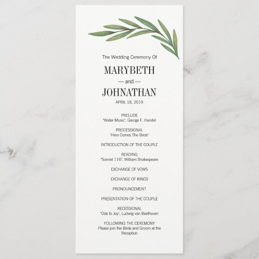 Waterverf Greenery Leaves Wedding Program Card Programmakaart (Voorkant)