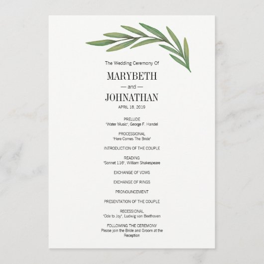 Waterverf Greenery Leaves Wedding Program Card Programmakaart (Voorkant)