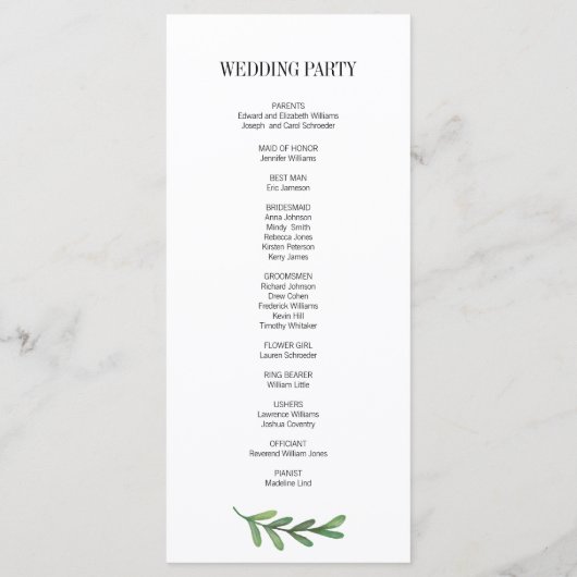Waterverf Greenery Leaves Wedding Program Card Programmakaart (Achterkant)