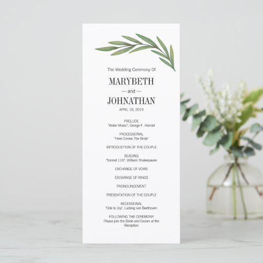 Waterverf Greenery Leaves Wedding Program Card Programmakaart (Staand voorkant)