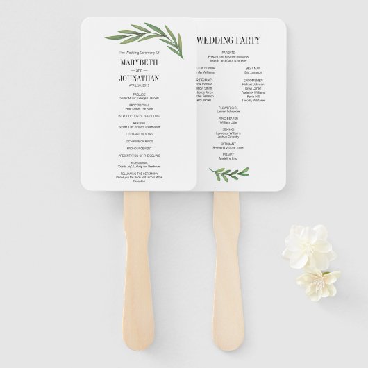 Waterverf Greenery Leaves Wedding Program Fans Handwaaier (Voorkant en achterkant)