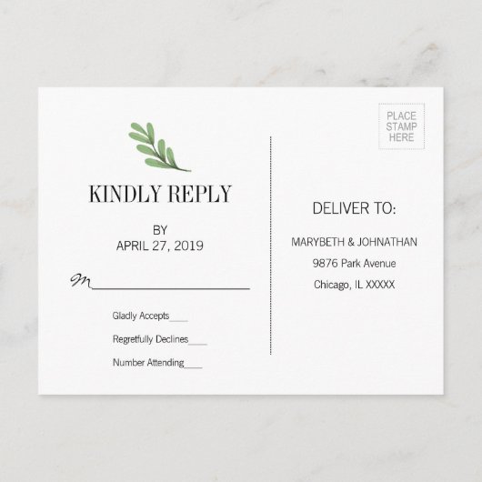 Waterverf Greenery Leaves Wedding RSVP Briefkaart (Achterkant)