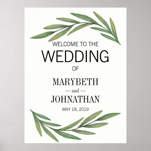 Waterverf Greenery Leaves Wedding Welcome Sign Poster (Voorkant)