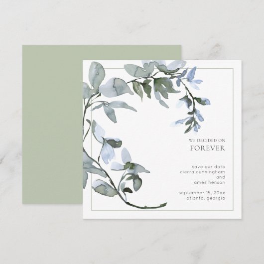 Waterverf Greenery Light Blue Floral Save The Date (Voorkant / Achterkant)