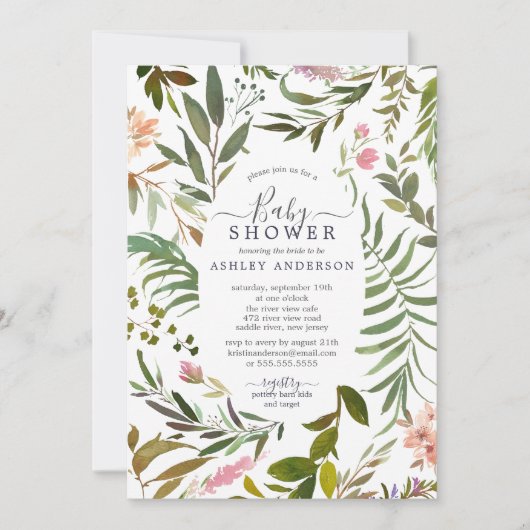 Waterverf Greenery Lijst Botanisch Baby shower Kaart (Voorkant)