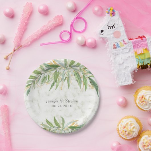 Waterverf Greenery Marble Elegant Wedding Papieren Bordje (Feest)