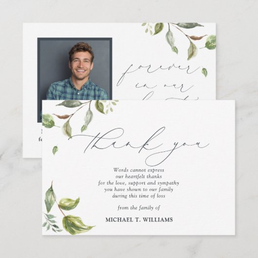 Waterverf Greenery Memorial Foto Bedankkaart (Voorkant / Achterkant)