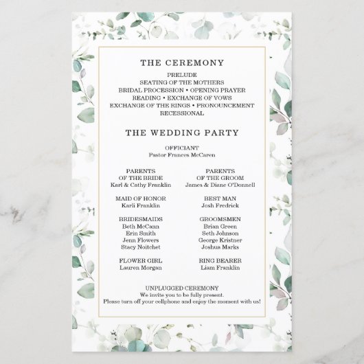 Waterverf Greenery met Gold Wedding Program (Achterkant)