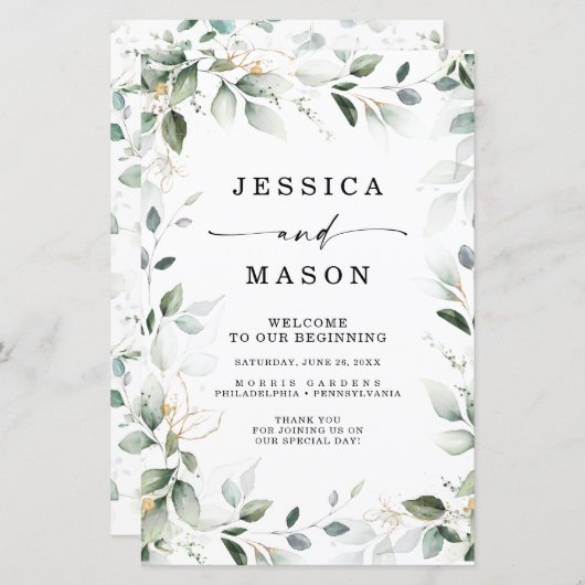 Waterverf Greenery met Gold Wedding Program (Voorkant / Achterkant)