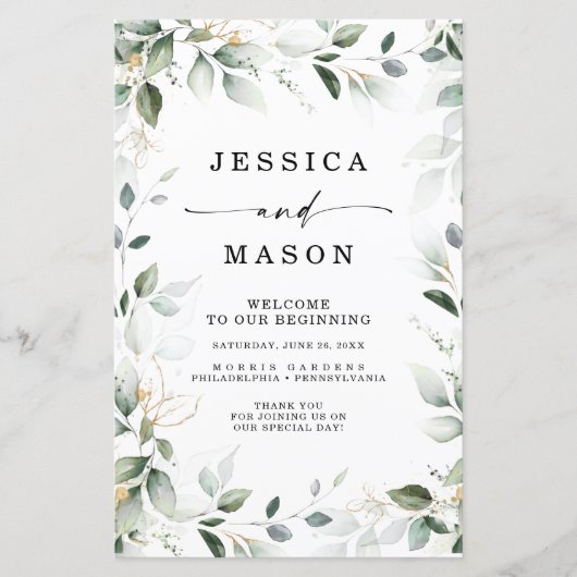 Waterverf Greenery met Gold Wedding Program (Voorkant)