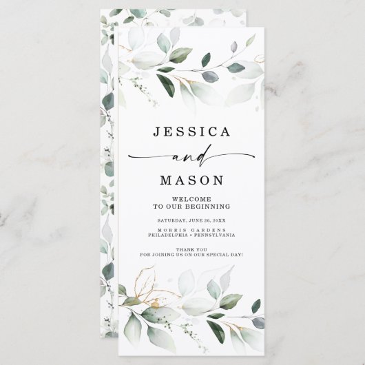 Waterverf Greenery met Gold Wedding Program Programmakaart (Voorkant / Achterkant)