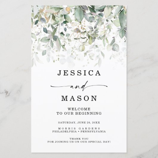 Waterverf Greenery met Gold Wedding Programma's (Voorkant)