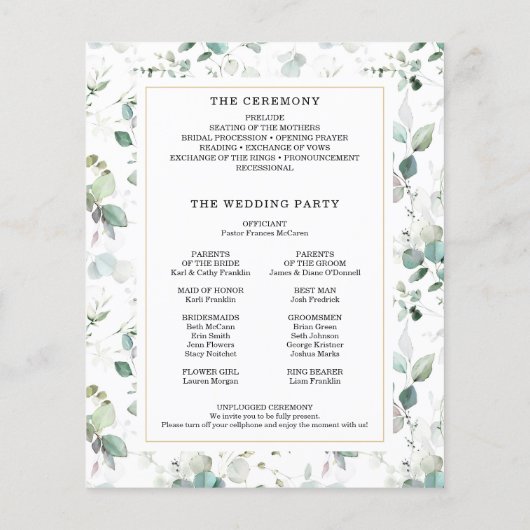 Waterverf Greenery met Gold Wedding Programma's Flyer (Achterkant)