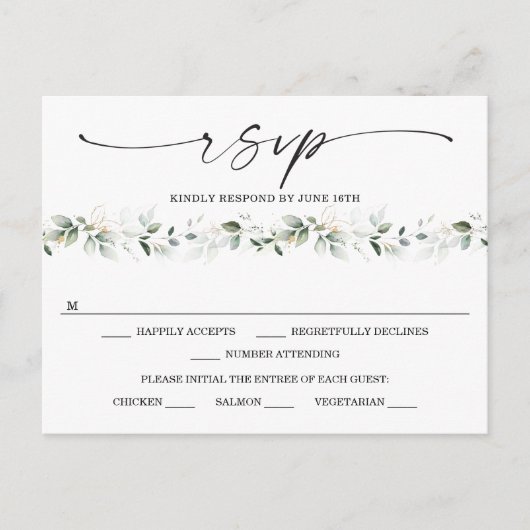 Waterverf Greenery met Gold Wedding RSVP Briefkaart (Voorkant)