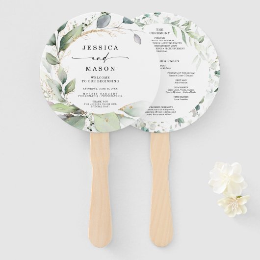 Waterverf Greenery met gouden weddenschap Handwaaier (Voorkant en achterkant)