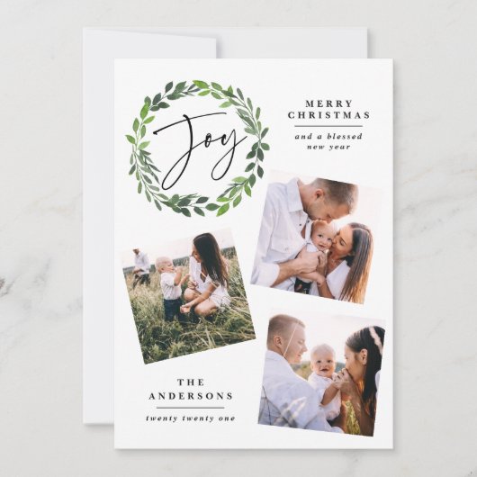 Waterverf greenery met multi-fotoscript feestdagenkaart (Voorkant)