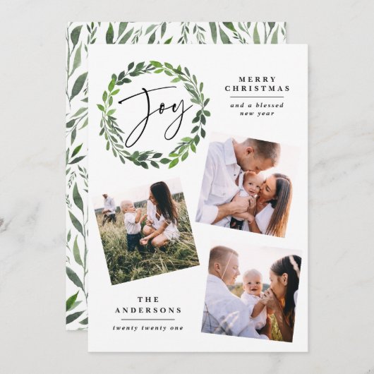 Waterverf greenery met multi-fotoscript feestdagenkaart (Voorkant / Achterkant)