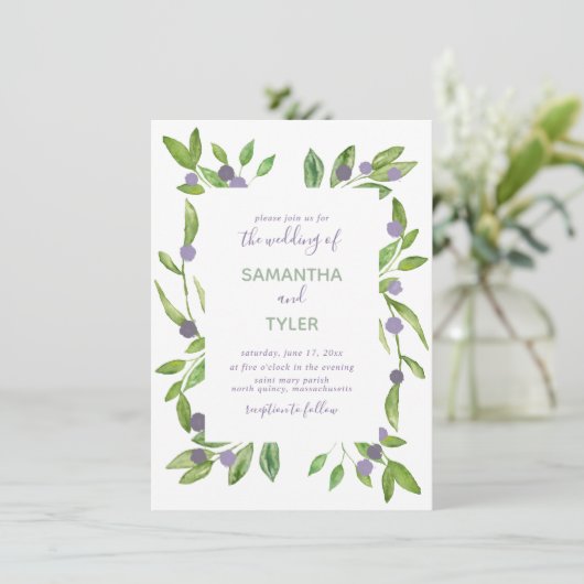 Waterverf Greenery met Paarse accenten bruiloft Kaart (Staand voorkant)