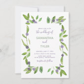 Waterverf Greenery met Paarse accenten bruiloft Kaart (Voorkant)