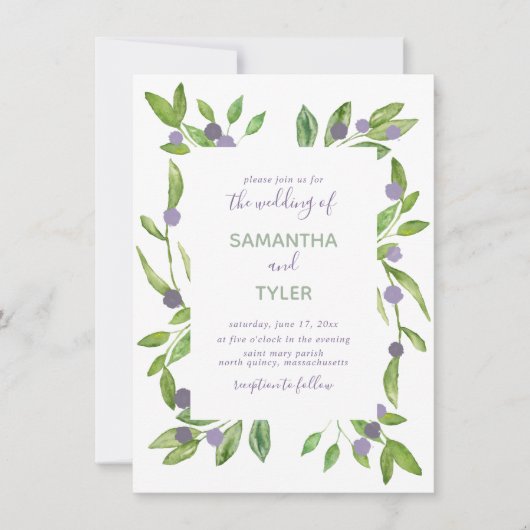 Waterverf Greenery met Paarse accenten bruiloft Kaart (Voorkant)