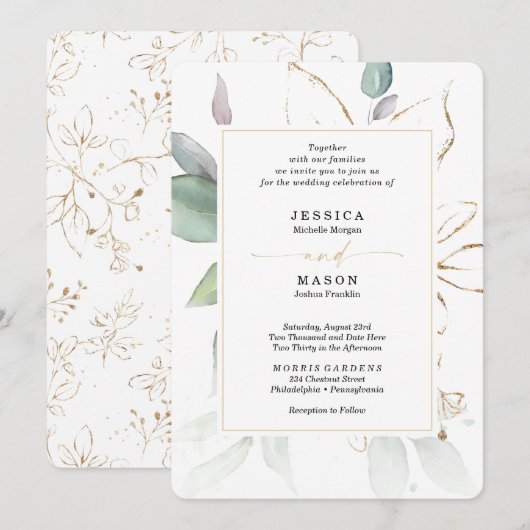 Waterverf Greenery met Sage and Gold Wedding Inv Kaart (Voorkant / Achterkant)