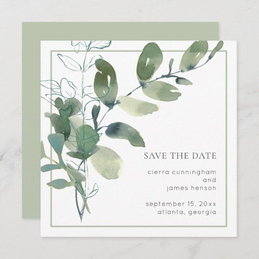 Waterverf Greenery Minimal Wedding Save The Date (Voorkant / Achterkant)