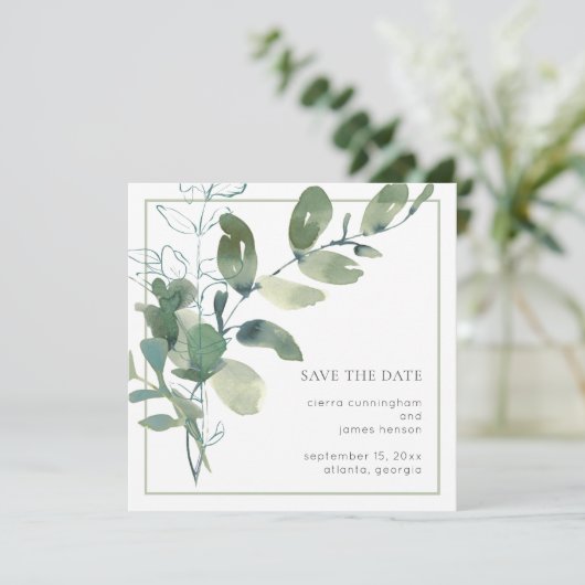 Waterverf Greenery Minimal Wedding Save The Date (Staand voorkant)