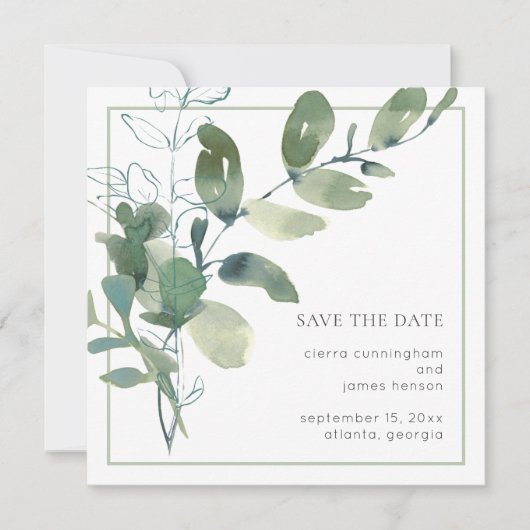 Waterverf Greenery Minimal Wedding Save The Date (Voorkant)