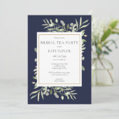Waterverf Greenery Navy Blue Bridal Tea Kaart (Staand voorkant)