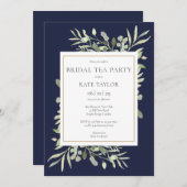 Waterverf Greenery Navy Blue Bridal Tea Kaart (Voorkant / Achterkant)