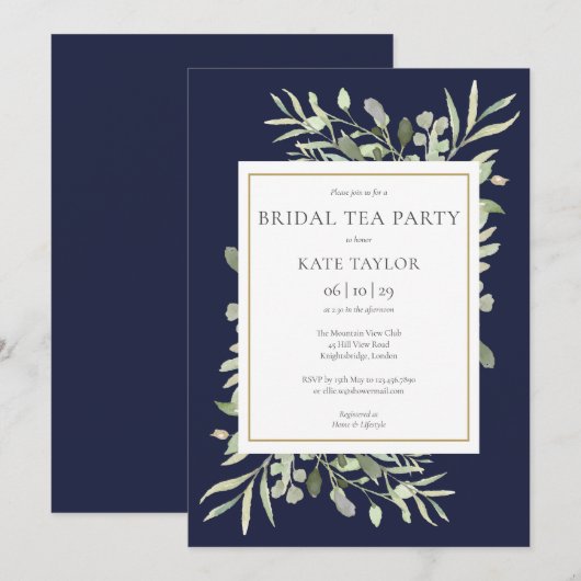 Waterverf Greenery Navy Blue Bridal Tea Kaart (Voorkant / Achterkant)