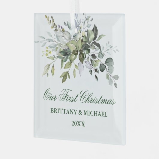 Waterverf Greenery Ons eerste kerstfeest Glas Ornament (Voorkant links)