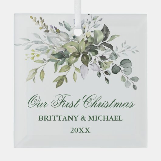 Waterverf Greenery Ons eerste kerstfeest Glas Ornament (Voorkant)