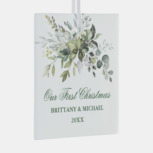 Waterverf Greenery Ons eerste kerstfeest Glas Ornament (Voorkant Rechts)