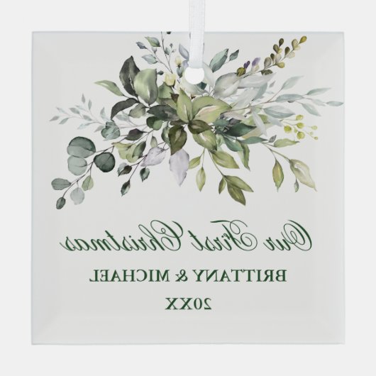 Waterverf Greenery Ons eerste kerstfeest Glas Ornament (Achterkant)
