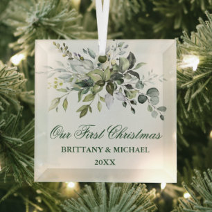 Waterverf Greenery Ons eerste kerstfeest Glas Ornament