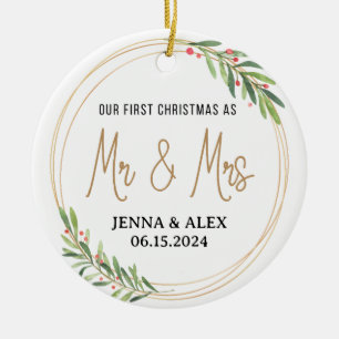 Waterverf Greenery Ons eerste kerstfeest Keramisch Ornament