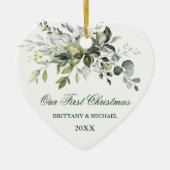 Waterverf Greenery Ons eerste kerstfeest Keramisch Ornament (Voorkant)