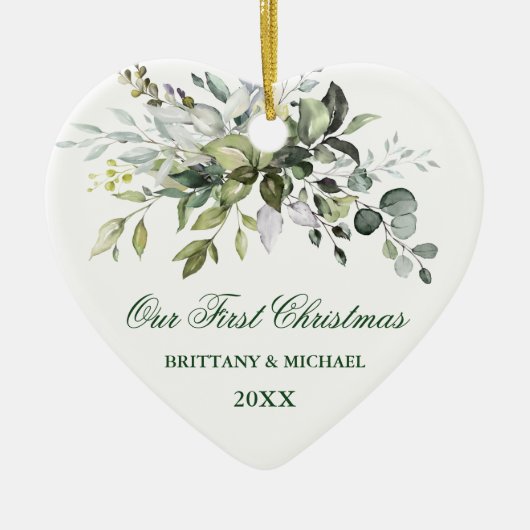 Waterverf Greenery Ons eerste kerstfeest Keramisch Ornament (Voorkant)