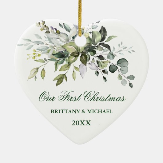 Waterverf Greenery Ons eerste kerstfeest Keramisch Ornament (Achterkant)