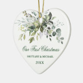 Waterverf Greenery Ons eerste kerstfeest Keramisch Ornament (Links)