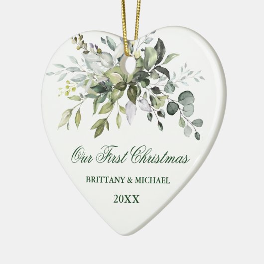 Waterverf Greenery Ons eerste kerstfeest Keramisch Ornament (Links)