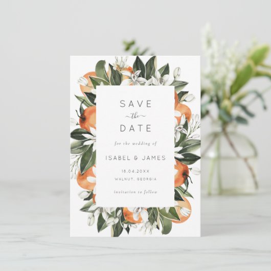 Waterverf Greenery Oranje Blossom Botanisch Save The Date (Staand voorkant)