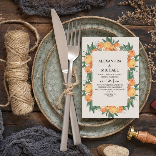 Waterverf Greenery Oranje Blossom Modern Wedding Kaart