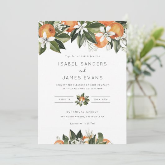 Waterverf Greenery Oranje Blossom Modern Wedding Kaart (Staand voorkant)