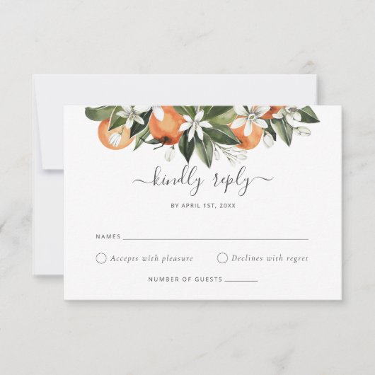 Waterverf Greenery Oranje Blossom Wedding RSVP Kaart (Voorkant)