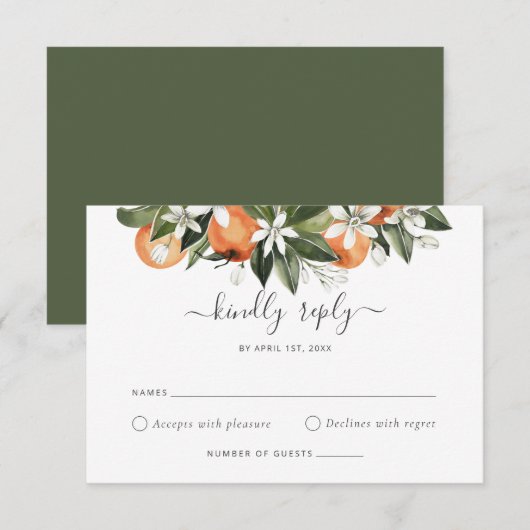 Waterverf Greenery Oranje Blossom Wedding RSVP Kaart (Voorkant / Achterkant)